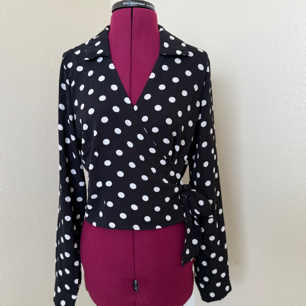 Polka Dot Wrap Top - Black and White Size L